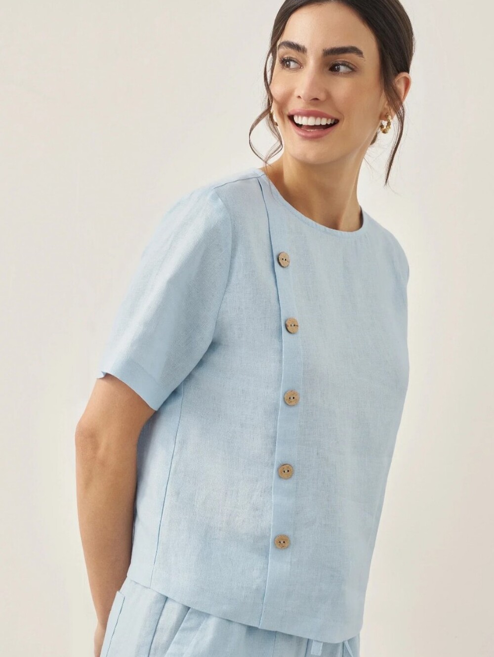 100% Linen Short-Sleeve Round Neck Button Detail Top JOSIE Sz M Blue